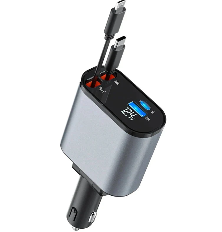 شاحن سيارة سريع قابل للسحب 4 في 1 بقدرة 120 واط (بمنافذ Type-C وiOS وUSB-C وUSB)