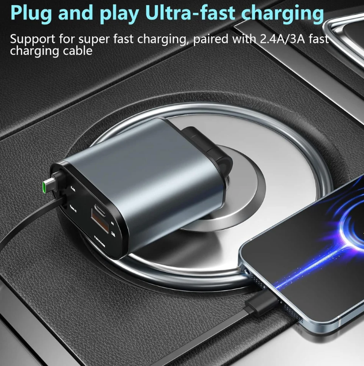 شاحن سيارة سريع قابل للسحب 4 في 1 بقدرة 120 واط (بمنافذ Type-C وiOS وUSB-C وUSB)